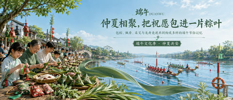仲夏水岸端午文化季品牌视觉大屏 - AI图片提示词示例