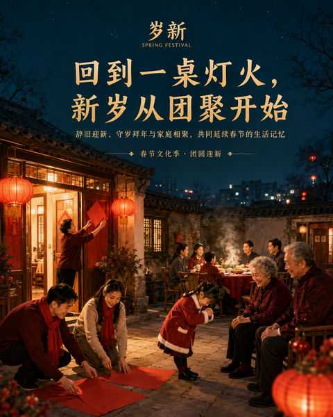 回到一桌灯火：春节团圆视觉海报 - AI图片提示词示例
