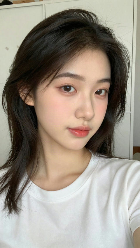 年轻东亚女性室内自然光特写自拍 - AI图片提示词示例