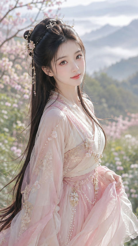 古风仙侠春日女主写实精修人像 - AI图片提示词示例