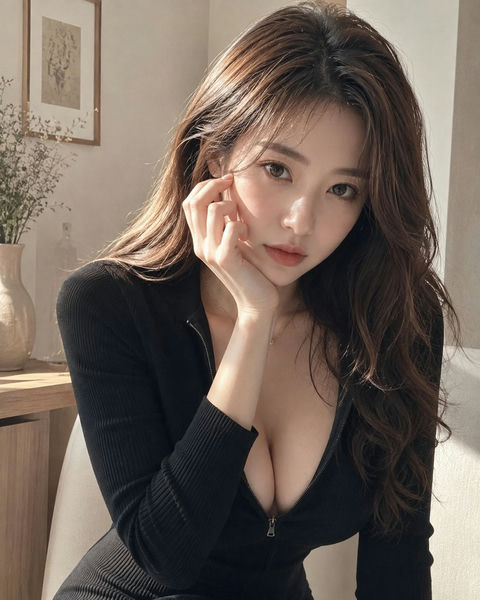 黑色高领毛衣东亚女性特写人像 - AI图片提示词示例