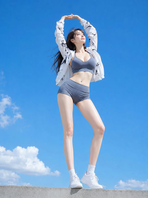 向蓝天伸展白袖的运动装女性仰拍 - AI图片提示词示例