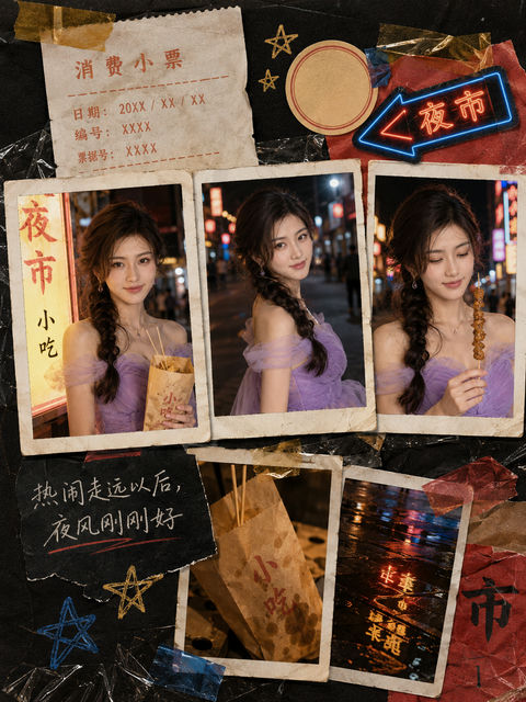 霓虹夜市漫步手帐纪念页 - AI图片提示词示例