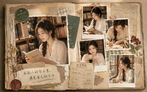 温暖午后书店手账拼贴真实感人像 - AI图片提示词示例