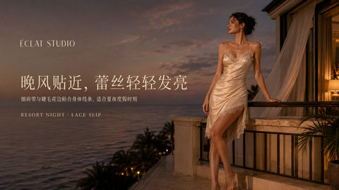 香槟色蕾丝吊带裙夏夜度假品牌视觉图 - AI图片提示词示例