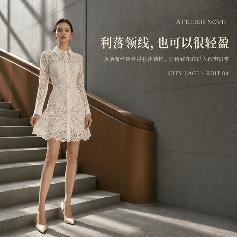 象牙白水溶蕾丝衬衫裙都市品牌视觉图 - AI图片提示词示例