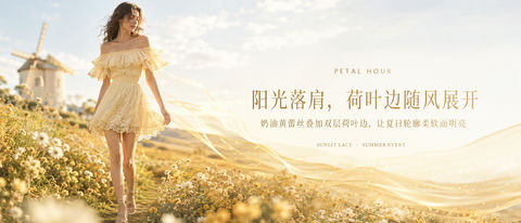 奶油黄蕾丝荷叶边裙夏日品牌视觉大图 - AI图片提示词示例