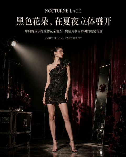 夏夜暗黑浪漫：斜肩立体花蕾丝礼服品牌大片 - AI图片提示词示例