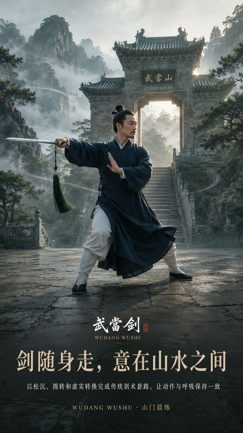 武当剑法山门晨曦品牌开屏海报 - AI图片提示词示例