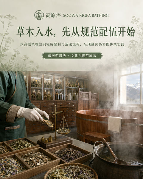藏医药浴非遗品牌视觉封面 - AI图片提示词示例