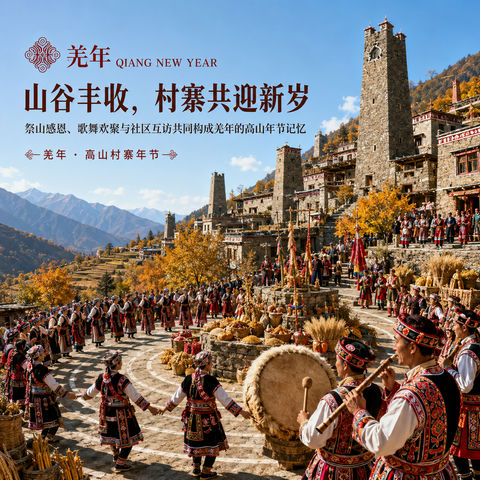 山谷丰收与村寨共迎羌年新岁视觉 - AI图片提示词示例