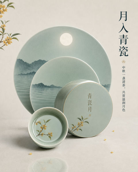 青瓷月影：高端中秋茶礼龙泉釉色插画 - AI图片提示词示例