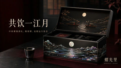 螺钿漆艺中秋酒礼盒极简商业插画 - AI图片提示词示例