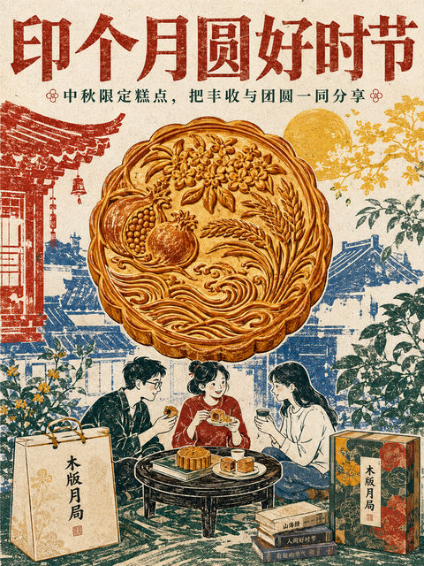 木版水印风格中秋糕点商业插画设计 - AI图片提示词示例