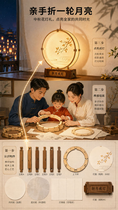 中秋榫卯花灯手作亲子商业插画 - AI图片提示词示例