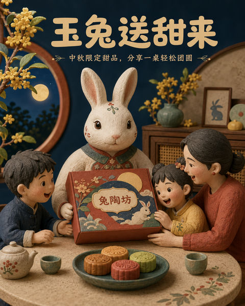 中秋限定泥塑风插画：兔陶坊玉兔送甜来 - AI图片提示词示例