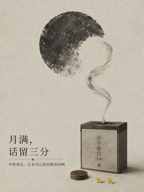 月下留白中秋香礼极简残月意境插画 - AI图片提示词示例