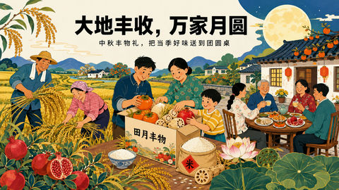 大地丰收万家月圆：田月丰物现代商插 - AI图片提示词示例