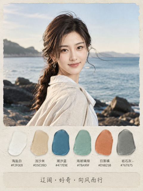 海盐系清晨岩岸旅行色彩故事卡 - AI图片提示词示例