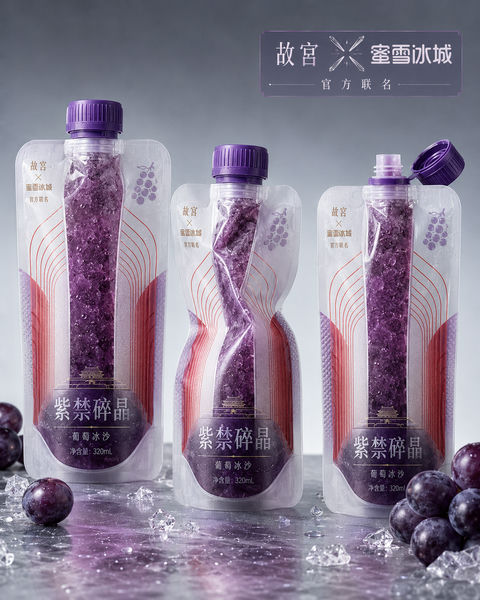 故宫联名蜜雪冰城紫禁碎晶葡萄冰沙包装 - AI图片提示词示例