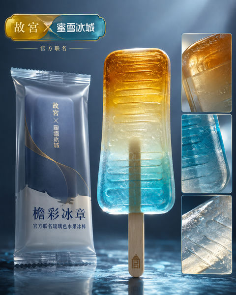 故宫联名蜜雪冰城檐彩冰章琉璃色水果冰棒 - AI图片提示词示例