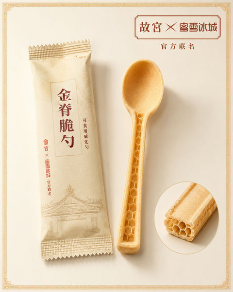 故宫蜜雪冰城联名金脊脆勺可食用餐具设计 - AI图片提示词示例