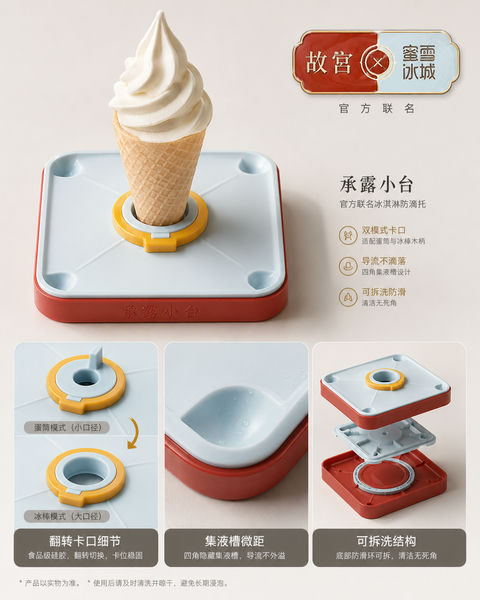 故宫与蜜雪冰城联名承露小台防滴托 - AI图片提示词示例
