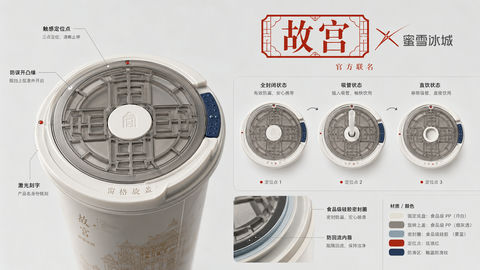 故宫蜜雪冰城联名窗格旋动杯盖设计 - AI图片提示词示例