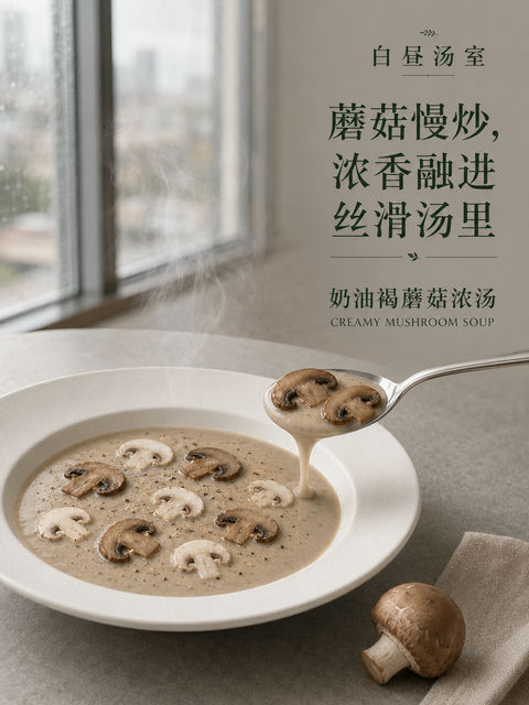 窗边午后的丝滑奶油蘑菇浓汤海报 - AI图片提示词示例