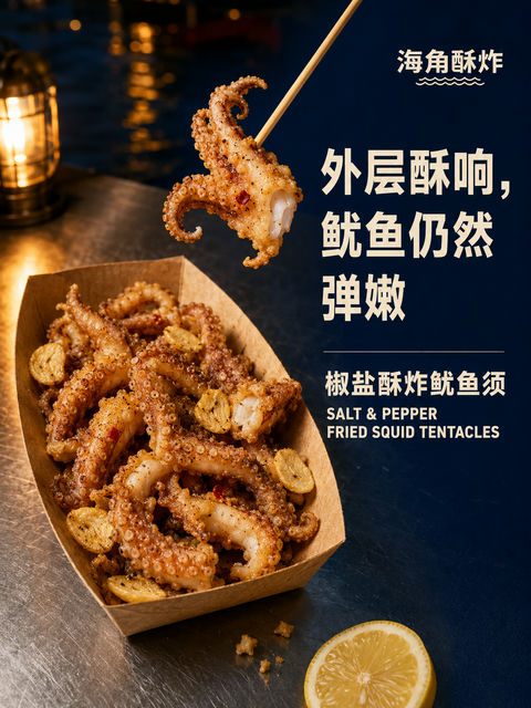 海角酥炸椒盐鱿鱼须深夜海报 - AI图片提示词示例