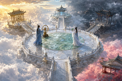 东方天宫风雨云台四海行云调度大景 - AI图片提示词示例