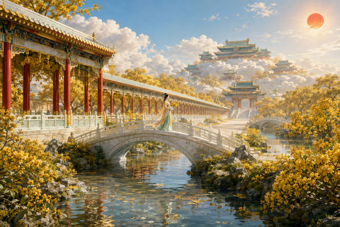 金秋天苑万顷桂云东方天宫盛景 - AI图片提示词示例