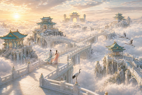 九重云海间白玉仙桥与青碧天宫盛景 - AI图片提示词示例