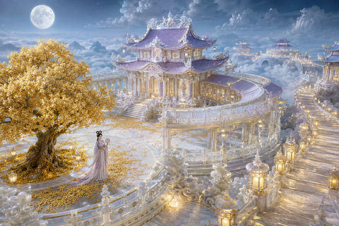 唯美东方神话月宫金桂全景画卷 - AI图片提示词示例