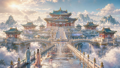 雨后玉京云隙宫城东方天宫宏大全景 - AI图片提示词示例