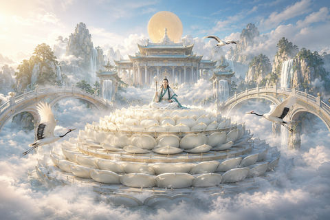 九品莲台云海讲道东方神话仙境大景 - AI图片提示词示例