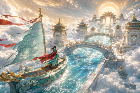 碧帆穿过九霄宫阙的仙境水道 - AI图片提示词示例