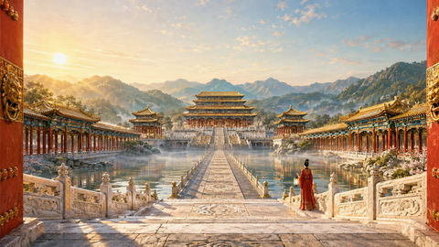 盛唐皇家园林晨曦金碧山水全景画 - AI图片提示词示例