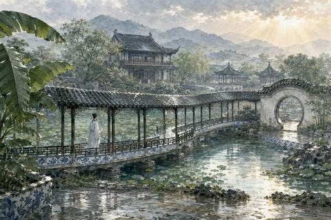 北宋江南园林雨后墨香书斋长卷 - AI图片提示词示例