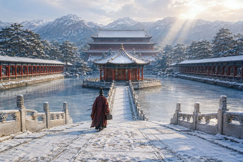 北国宫苑雪霁图：红墙白雪下的孤身画师 - AI图片提示词示例