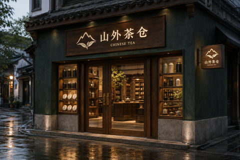 山外茶仓精品店：东方传统与现代零售的融合美学 - AI图片提示词示例