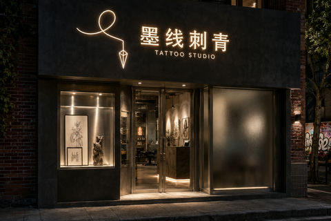 墨线刺青：极简工业风独立艺术纹身工作室门头 - AI图片提示词示例