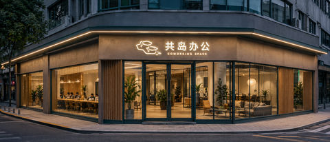 现代简约共岛办公社区共享空间门头设计 - AI图片提示词示例