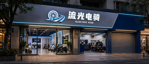 流光电骑未来感城市电动车旗舰店设计 - AI图片提示词示例