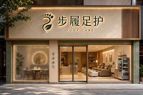 社区专业足部护理店极简美学门头设计 - AI图片提示词示例