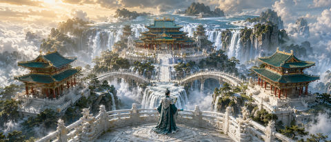 飞瀑云宫天河落九霄东方神话大景 - AI图片提示词示例
