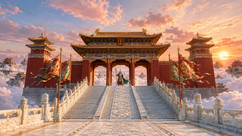 霞光西天门落日巡云东方天宫全景 - AI图片提示词示例