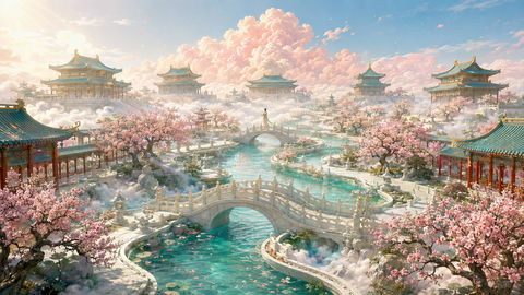 桃云仙苑：九曲花溪东方神话大景 - AI图片提示词示例
