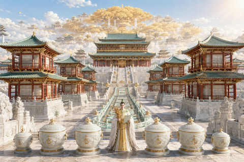 东方天宫职能空间：天仓丰穰殿全景 - AI图片提示词示例