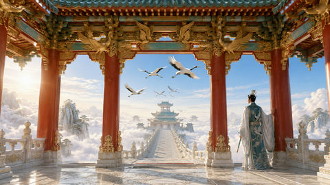 仙鹤归阙：东方天宫云海盛景 - AI图片提示词示例